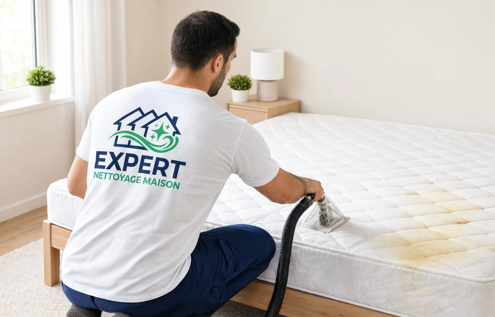 Technicien nettoyant un matelas à domicile avec une machine à injection-extraction