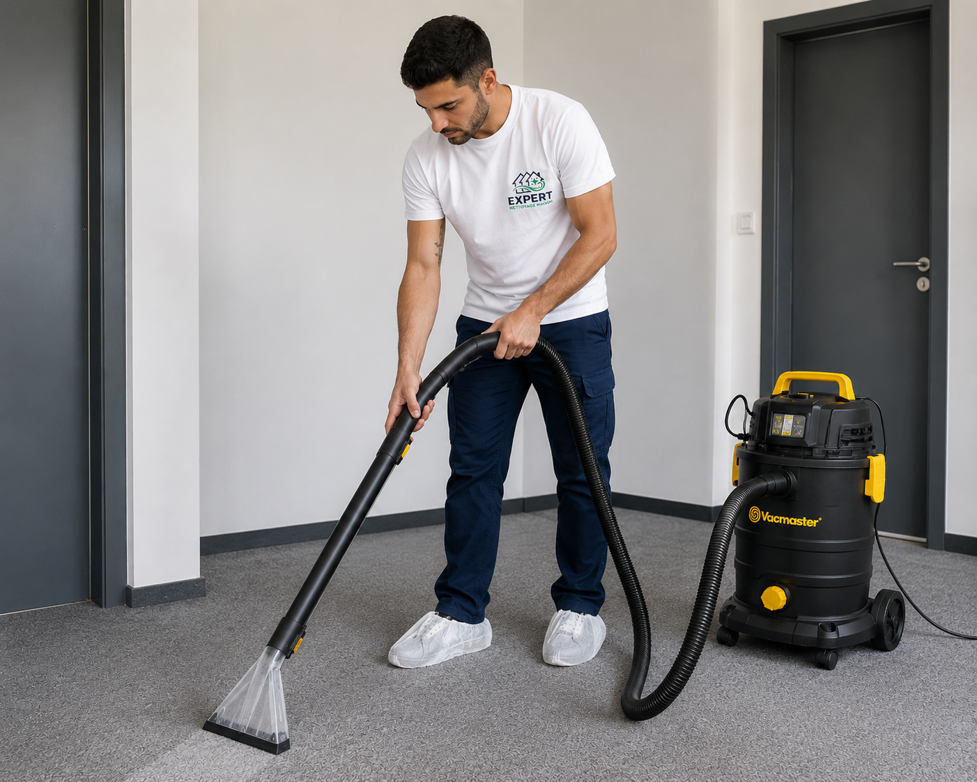 Technicien Expert Nettoyage Maison nettoyant une moquette grise avec une machine d'injection-extraction professionnelle