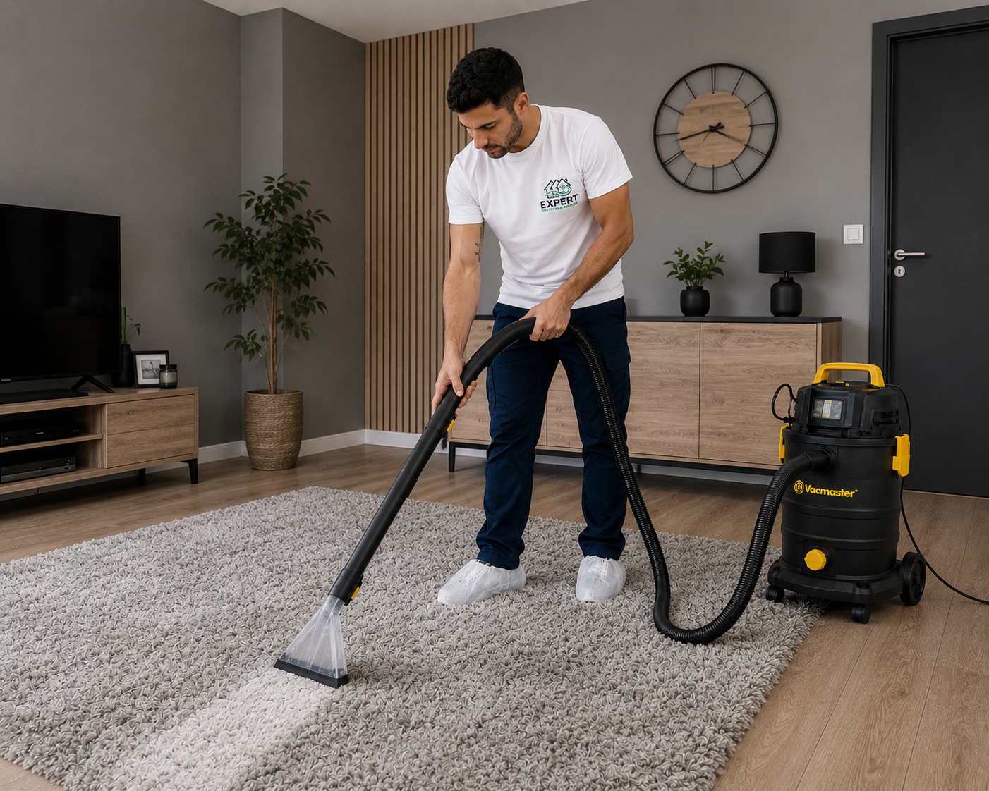 Intervenant nettoyant un tapis gris à domicile avec une machine d'injection-extraction