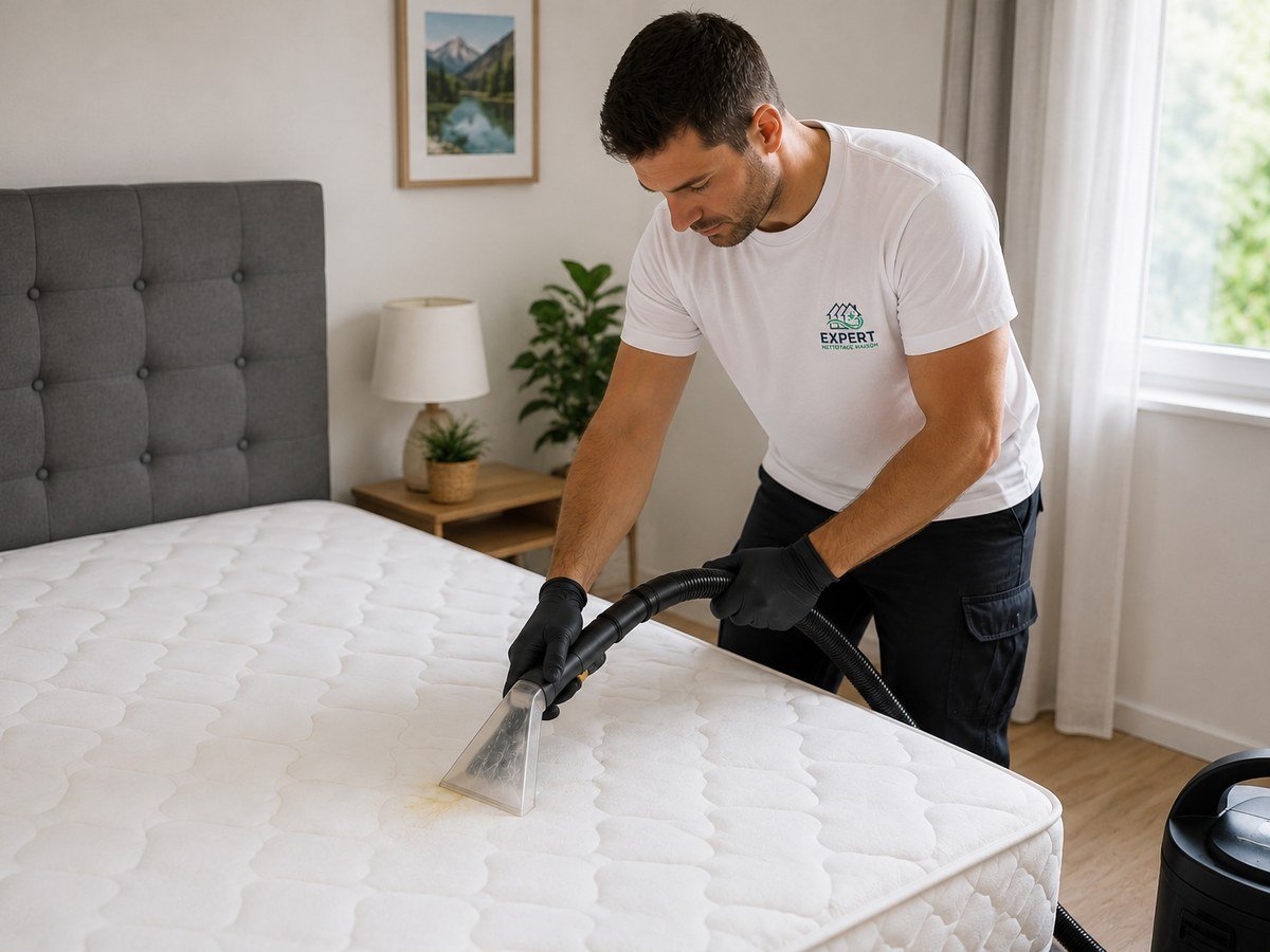 Injection-extraction en cours d'utilisation sur un matelas lors d'une intervention à domicile