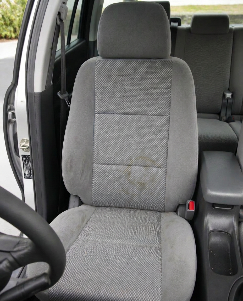 Siège auto conducteur en tissu gris avant nettoyage : miettes, poussières et auréoles du quotidien