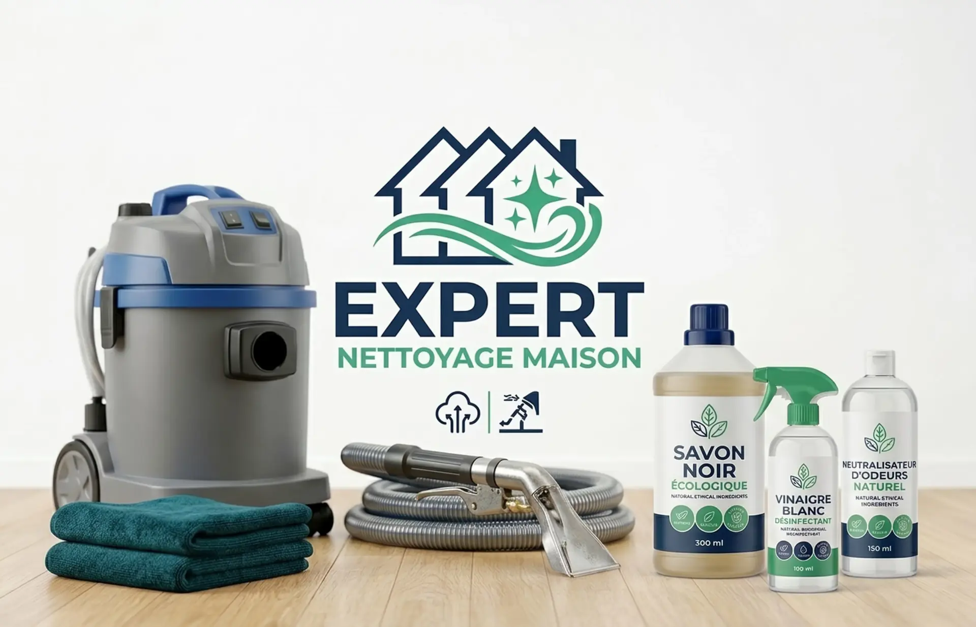 Matériel professionnel d'injection-extraction et produits écologiques (savon noir, vinaigre blanc) pour le nettoyage de tapis à domicile